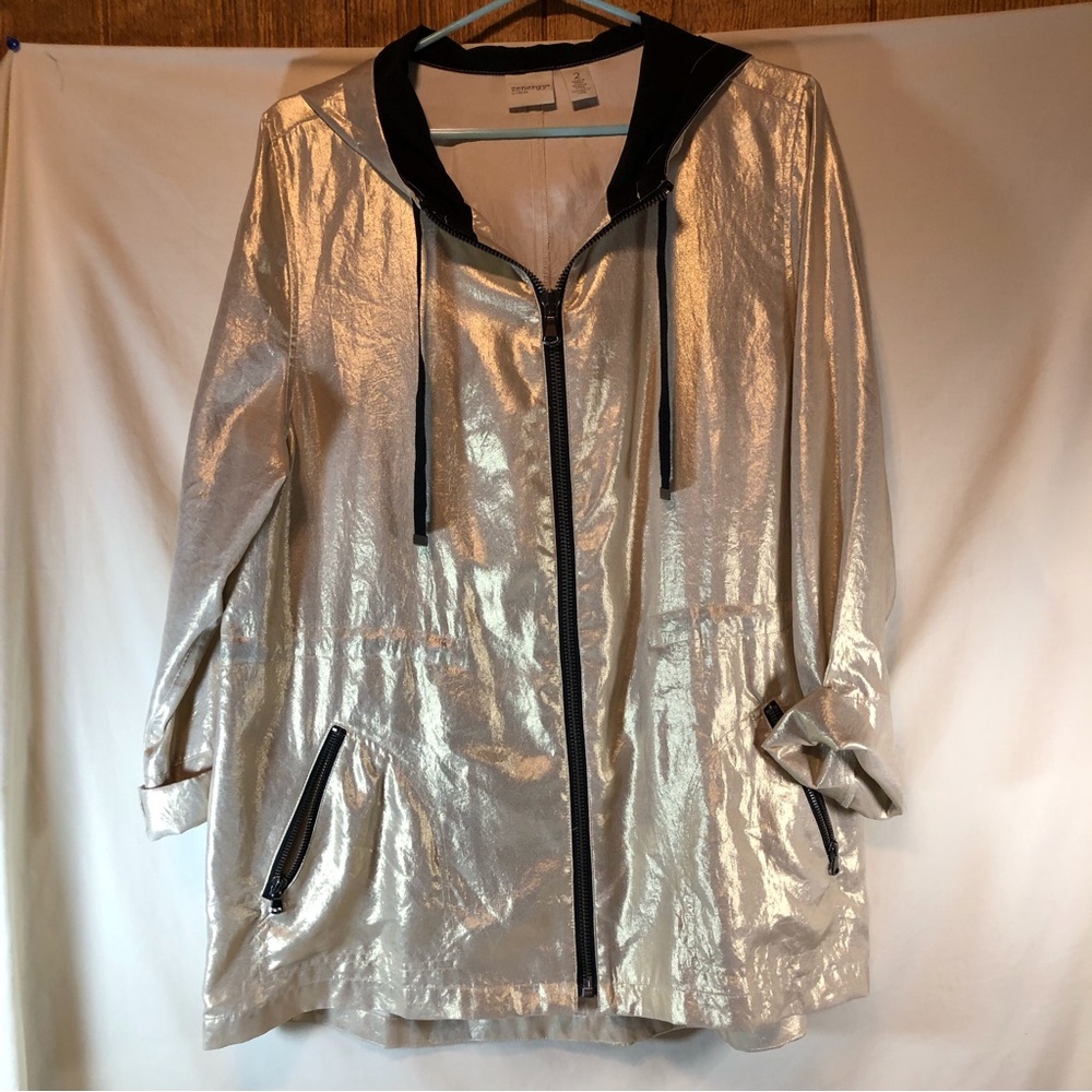 Zenergy by Chico shiny gold long sleeve hooded jacket w/pockets Chico 2=M 12-14
